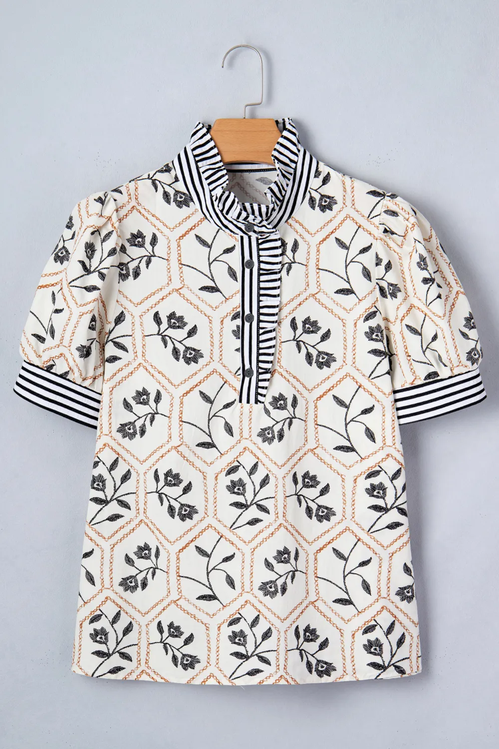 White Floral Print Striped Patchwork Blouse