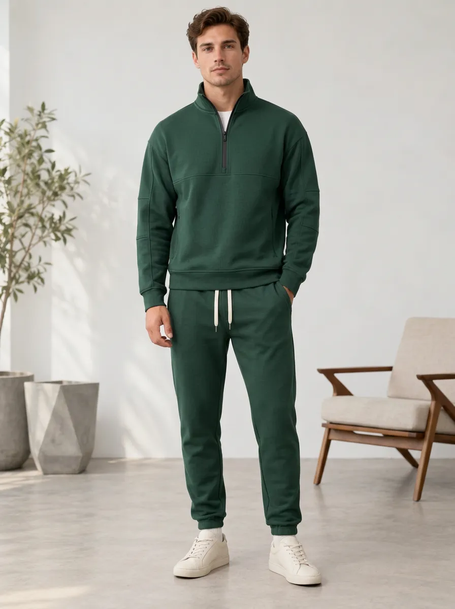 Men's Relaxed Quarter Zip Pullover Tapered Jogger Ribbed Detail Jogger Set