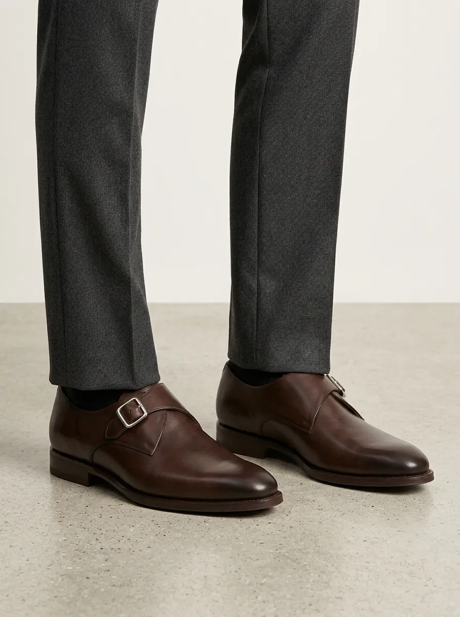 Men's Modern Classic Leather Single Monk Strap Dress Shoes