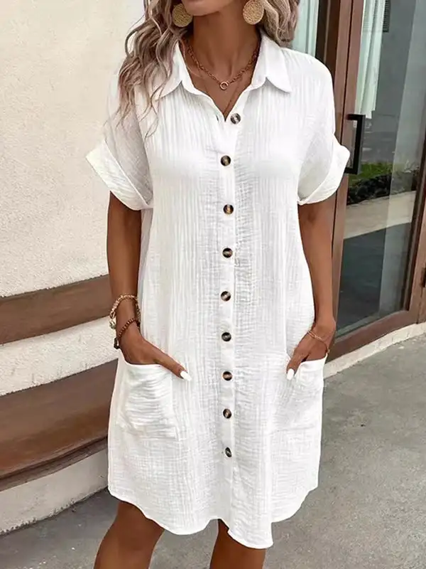 Relaxed Short Sleeve Pleated Split Joint Lapel Mini Dress Shirt Dress