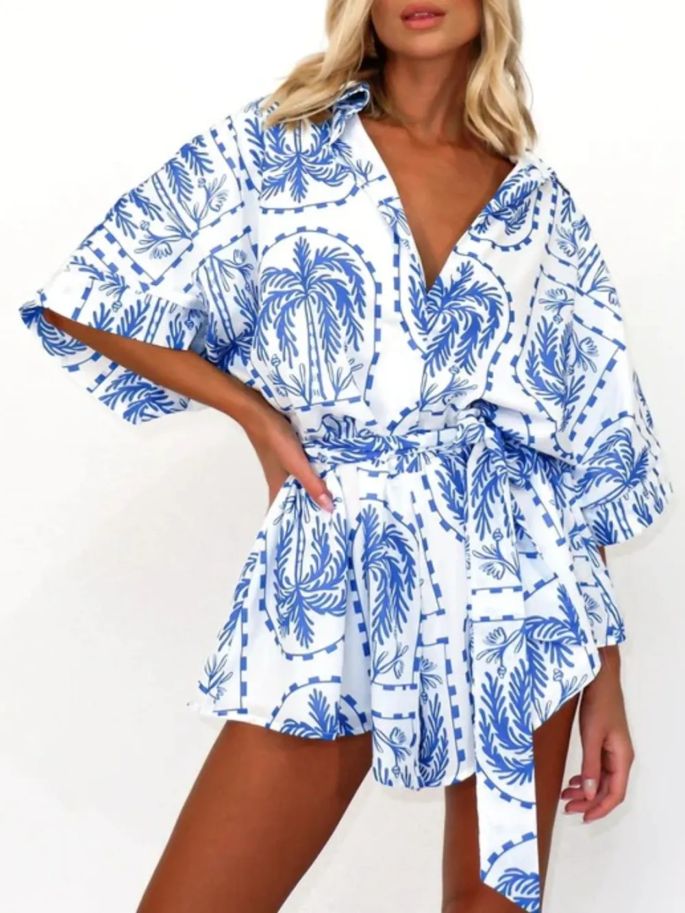 Tie Waist Half Sleeve Romper