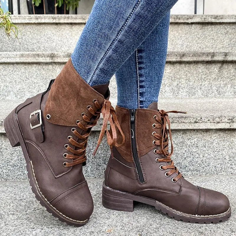 Vintage Zipper Combat Boots Buckle Strap Front Lace Boots
