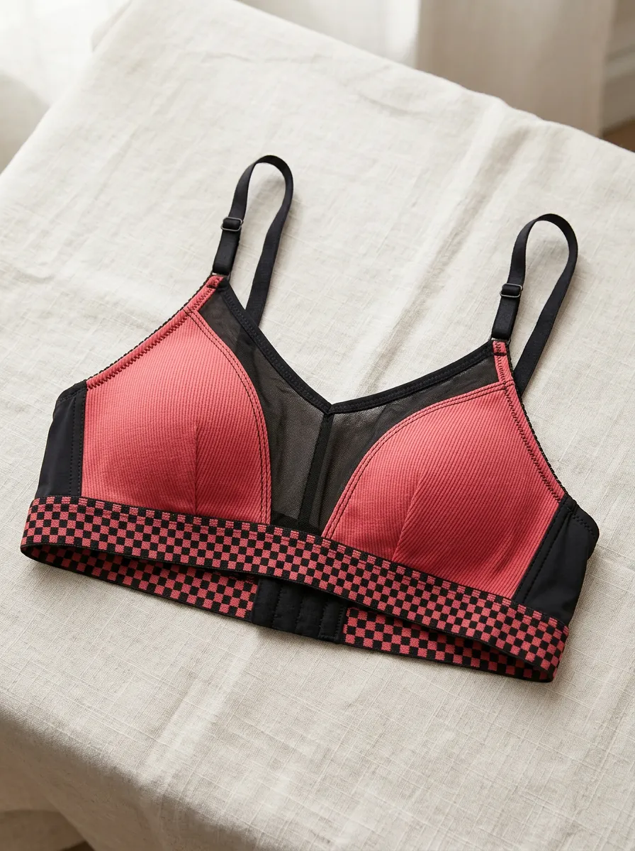 Women's Red Ribbed Mesh Checkerboard Printed Bralette