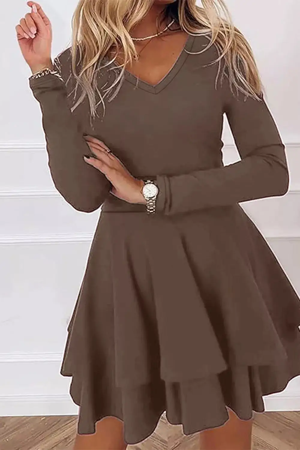 Layered Long Sleeve V-Neck Mini Dress