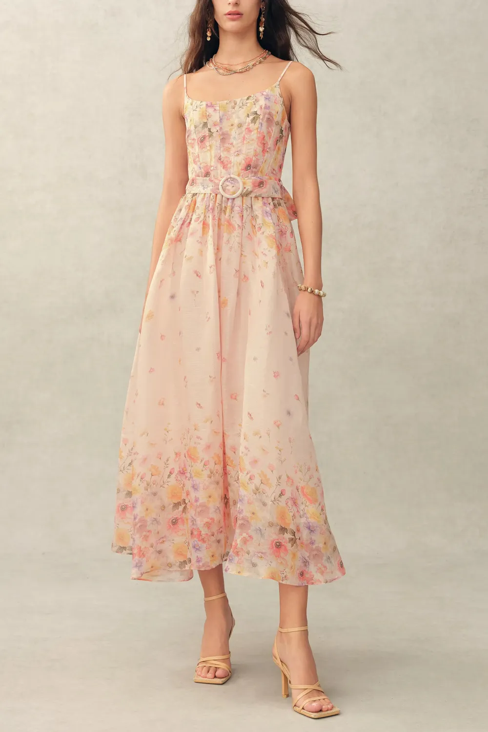 Strap Smocked Belted Hand-Painted Silk Linen Organza Maxi Dress