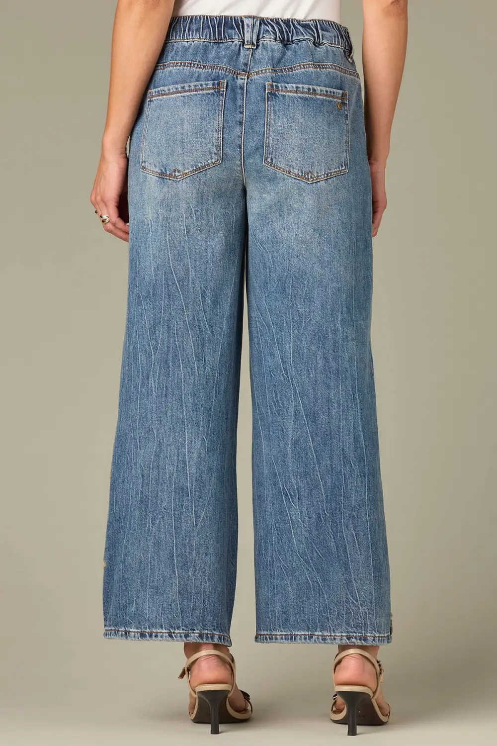 High Rise Drawstring Waist Floral Applique Wide Leg Jeans