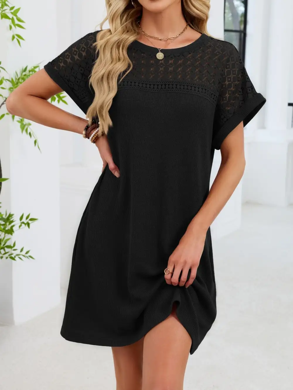 Lace Round Neck Short Sleeve Shirt Dress