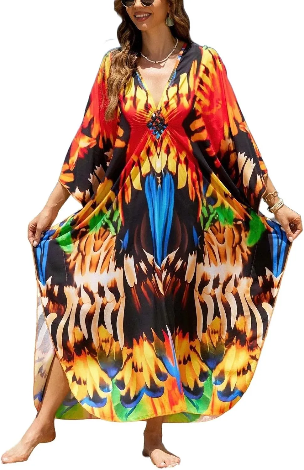 IMAGEKOPE Kaftan Dresses for Women Plus Size V-Neck Moo Moos Batwing Kaftan Beach Dress Bathing Suit Cover-Up Loungewear