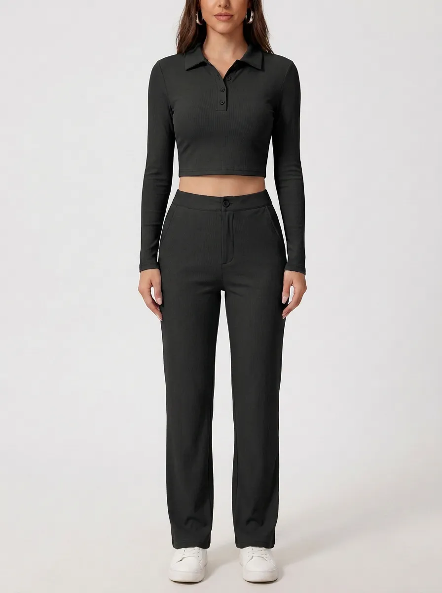 Women's Ribbed Polo Crop Top and High-Rise Straight-Leg Trouser Set