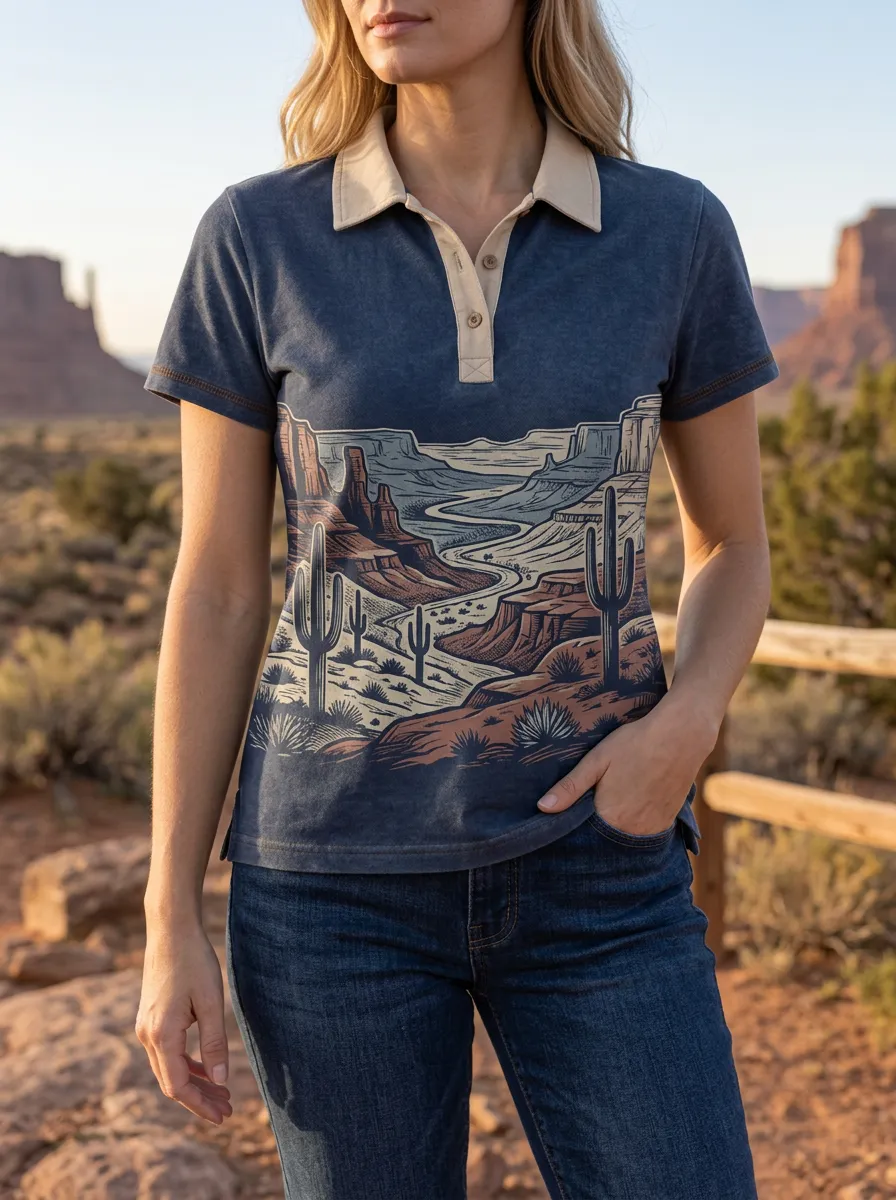 Women's Everyday Desert Landscape Cactus Polo Shirt
