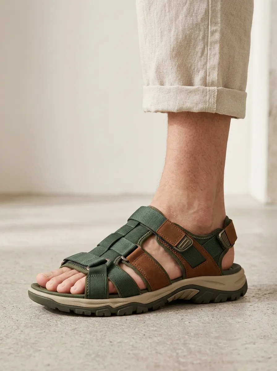 Men's Outdoor Casual Olive Green Brown Strappy Hiking Sandals