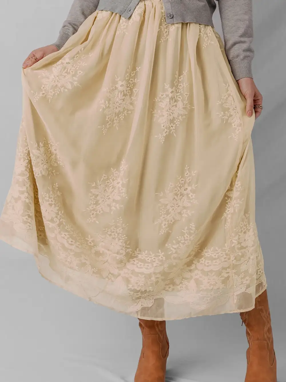 Mesh Overlay Lace Detail Embroidered Midi Skirt