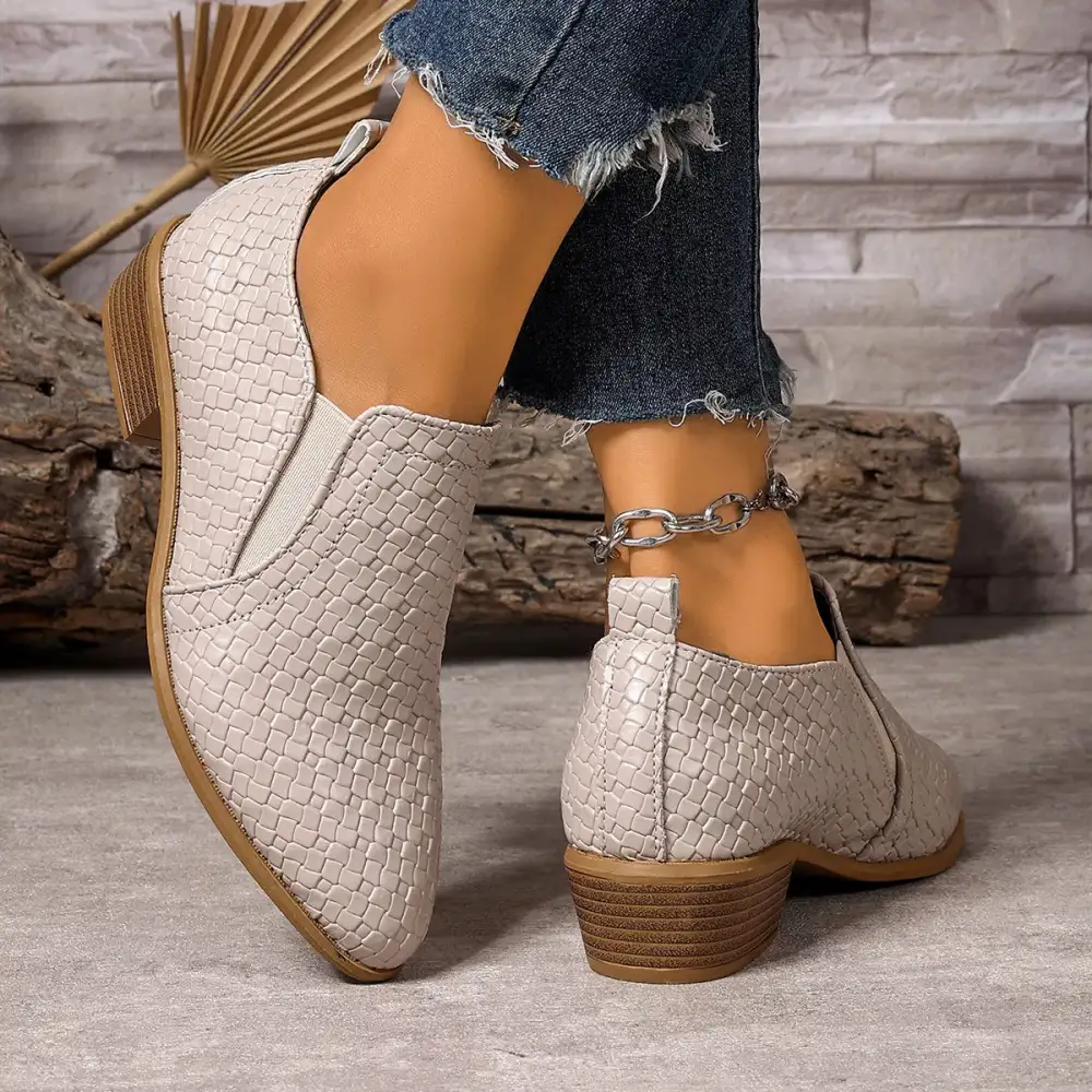Textured Pointed Toe Block Heel Ankle Boots