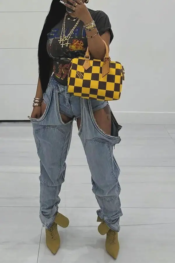 Patchwork Zip-Up Irregular Washed Jeans