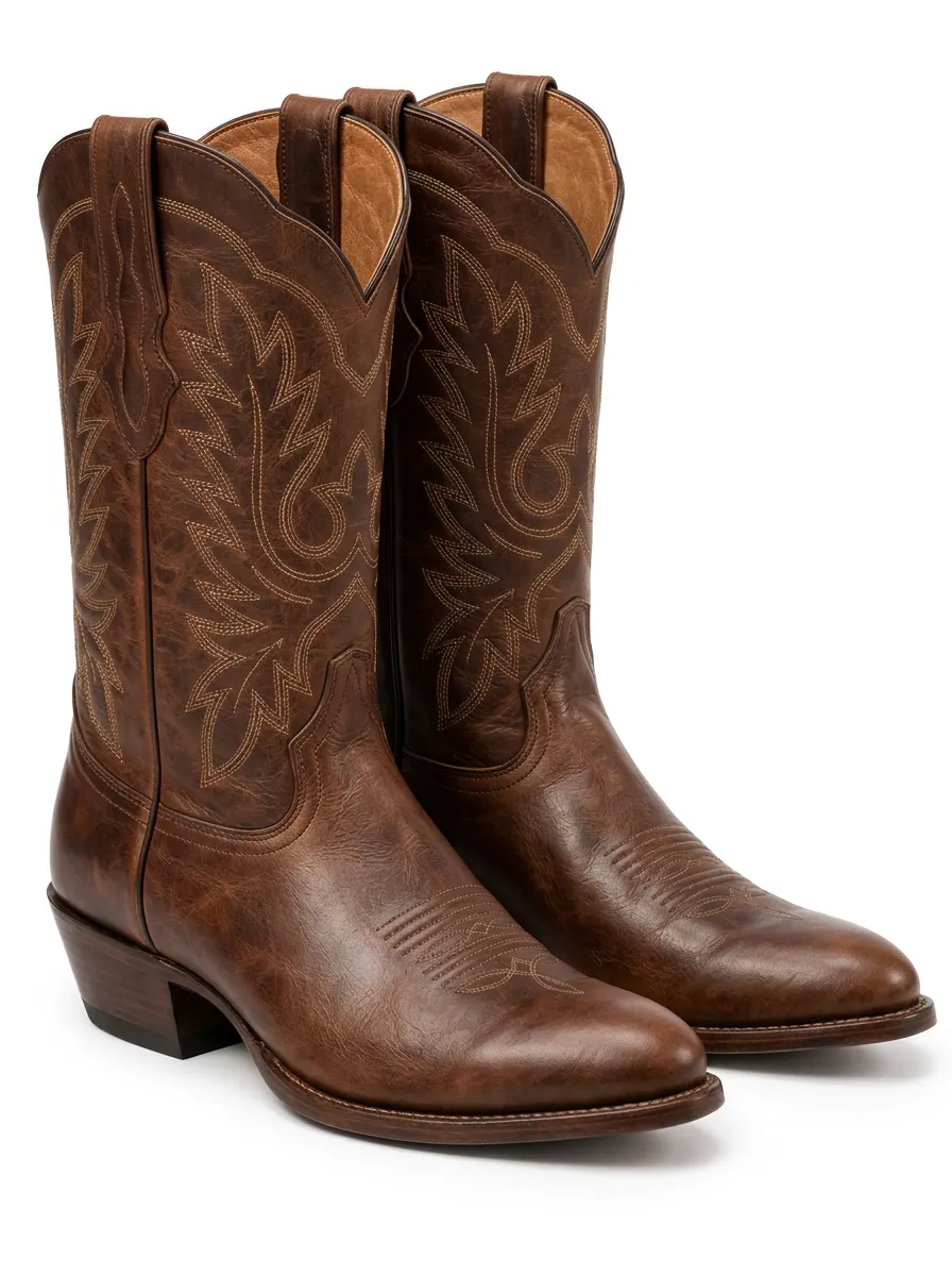Men's Brown Leather Western Cowboy Boots with Threadwork