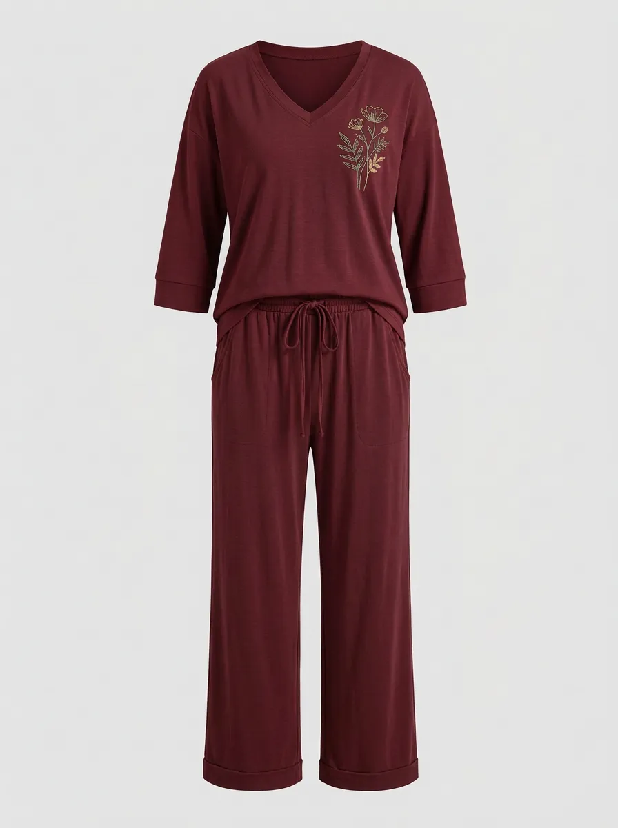 Women's Floral Embroidered V-Neck Top And Drawstring Straight-Leg Trouser Lounge Set