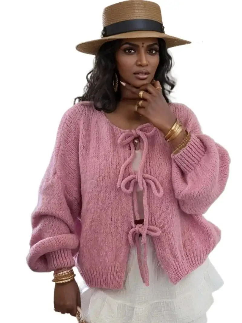 Soft Knit Tie Front Cardigan Balloon Sleeve Bow Detail
