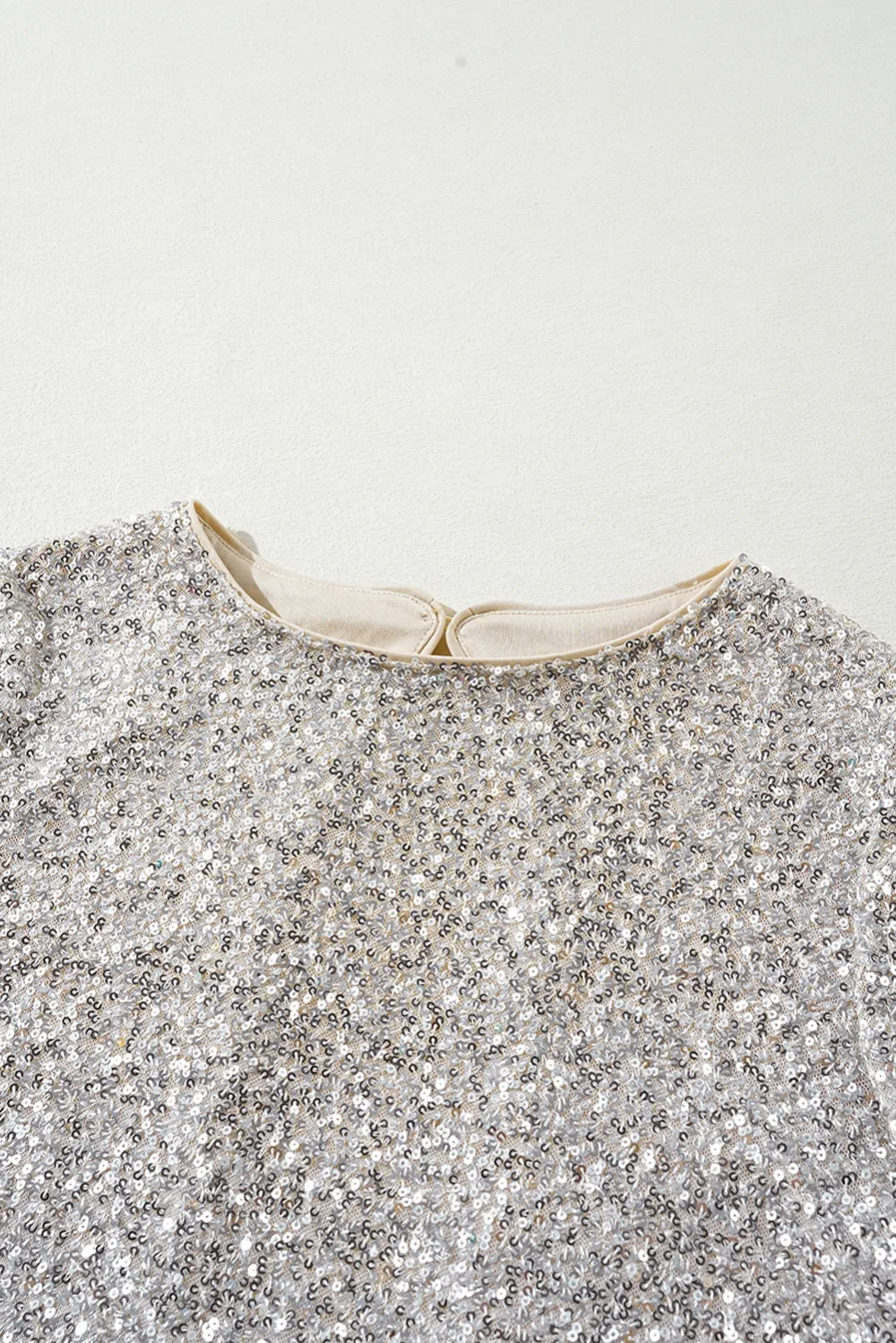 Silvery Sequin Puff Sleeve Cutout Blouse