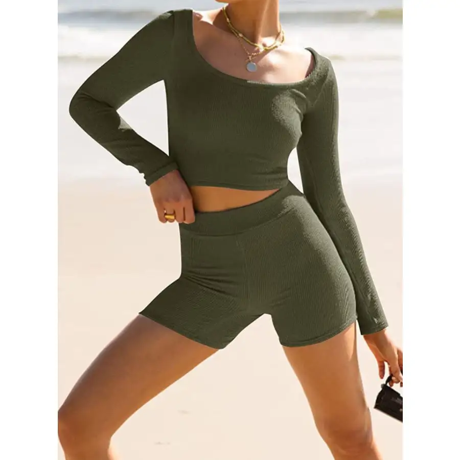 Scoop Neck Long Sleeve Top and Shorts Set