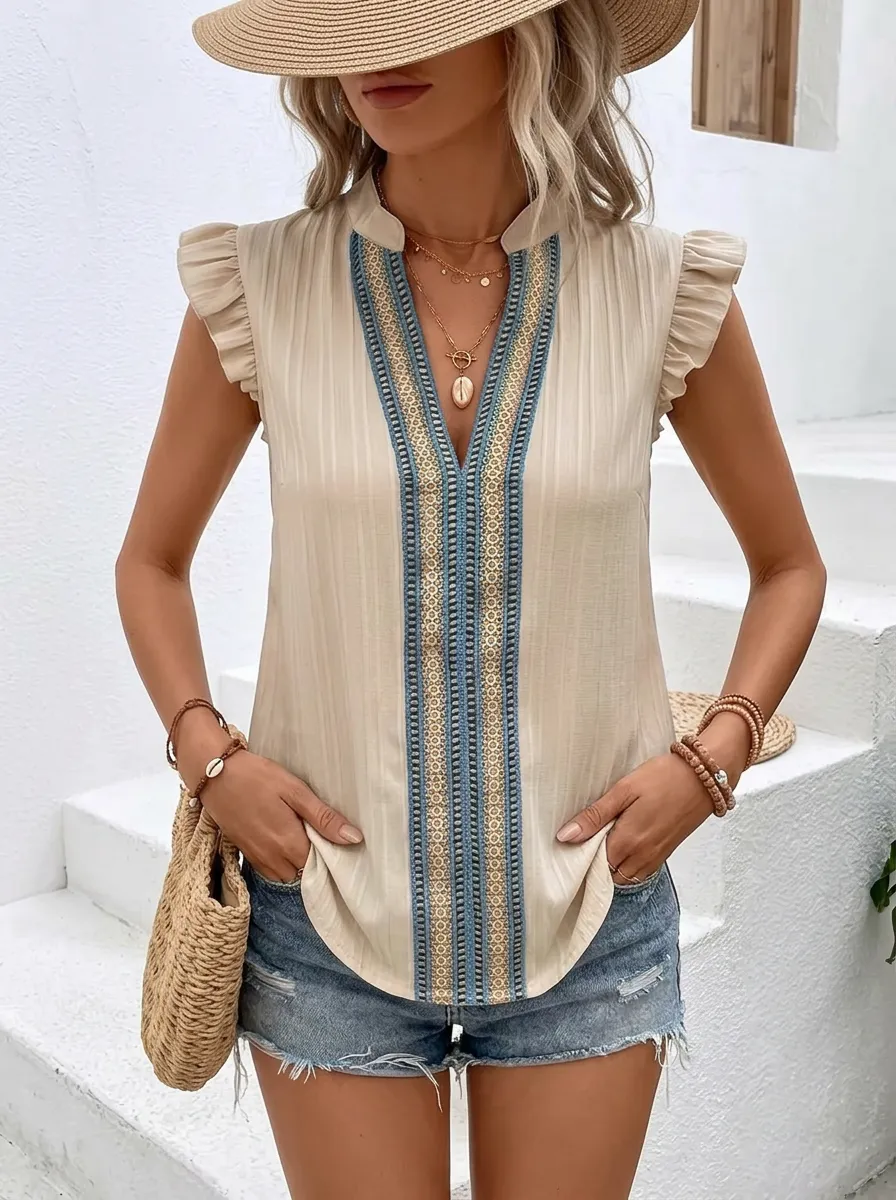 Boho Geometric Pattern Printed Ruffle Sleeve Top