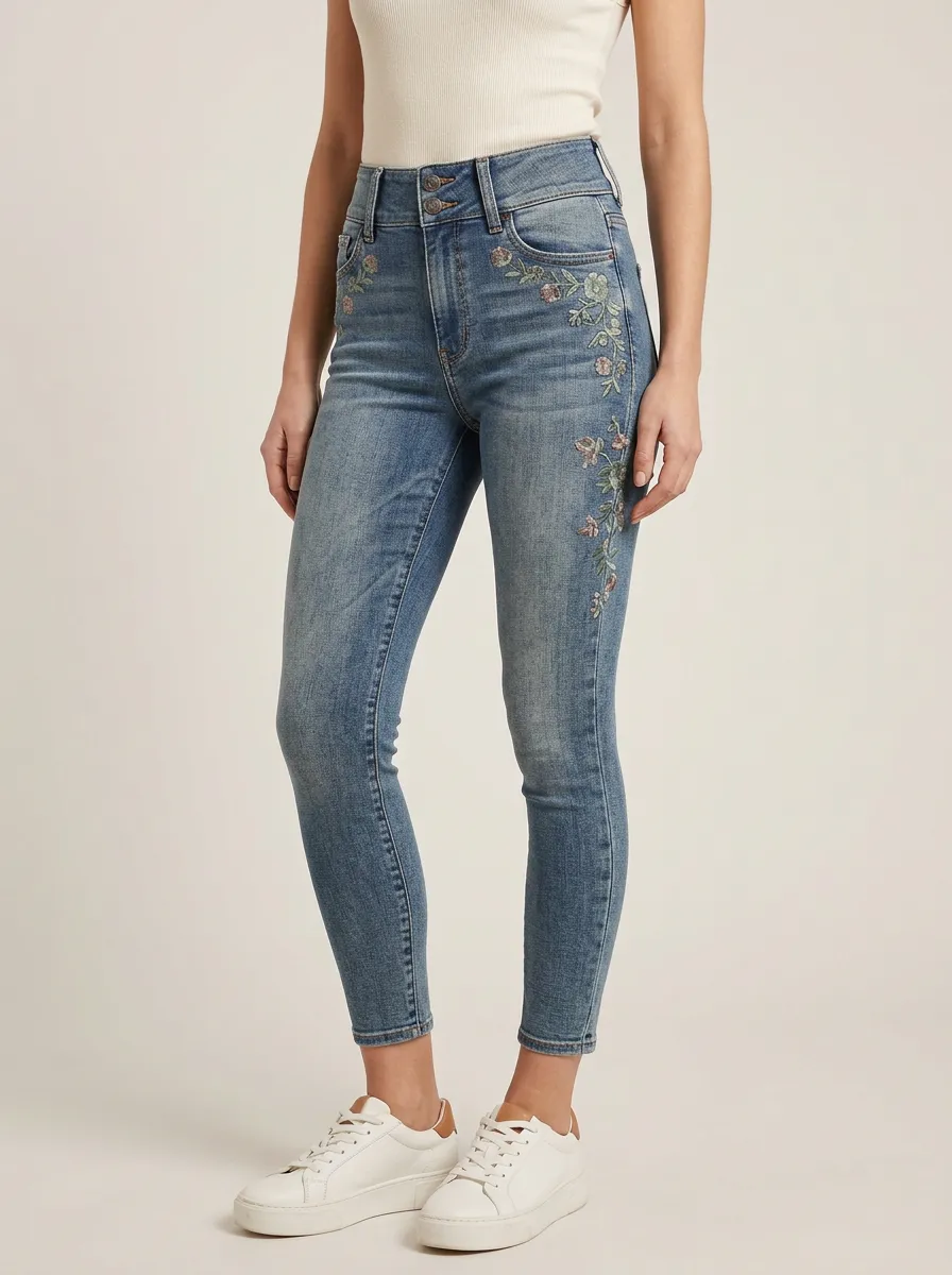 Women's Floral Embroidery High-Waisted Printed Slim Jeans