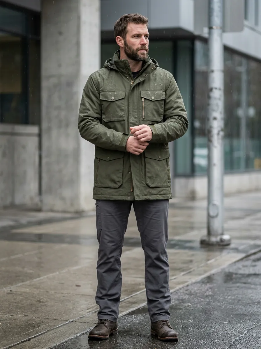 Men's Olive Green Waterproof Hooded Jacket with Adjustable Cuffs and Flap Pockets