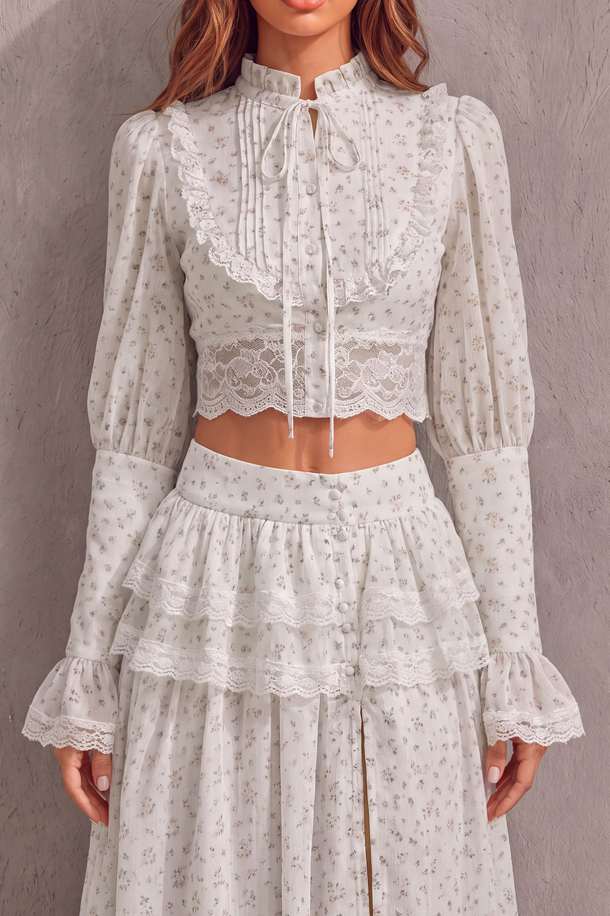 Ruffle Lace Floral Matching Skirt Set