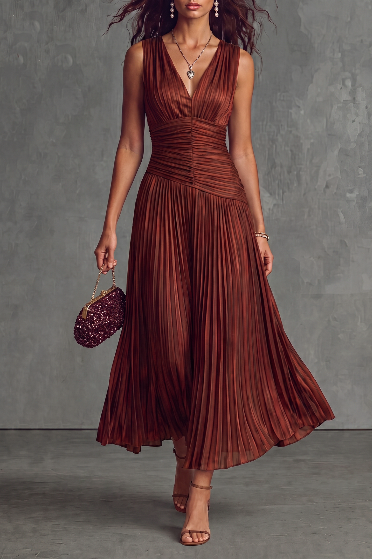 V Neck Pleated Striped Midi Dress