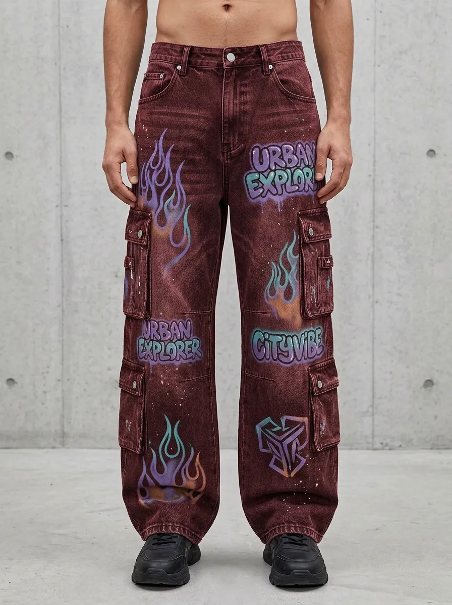 Men's Urban Explorer Flame Graffiti Cargo Jeans