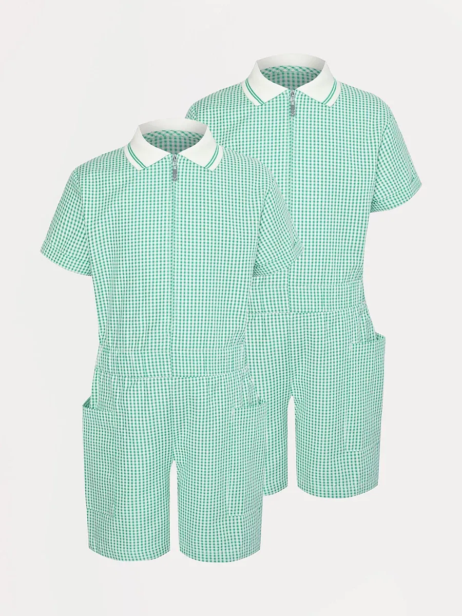 Green Gingham Girls School Playsuit 2 Pack