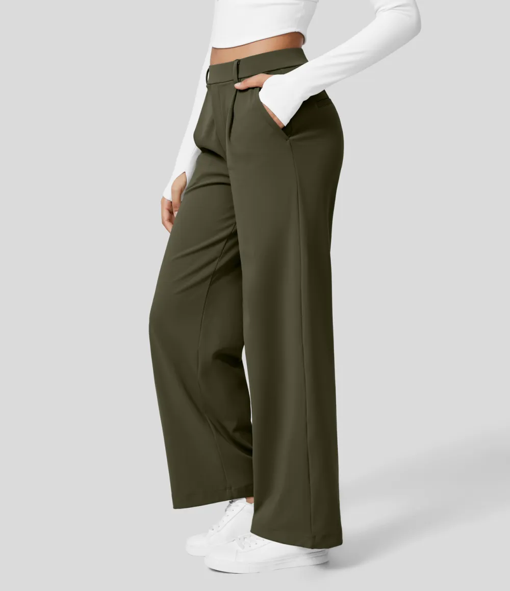 2026🔥  High Waisted Plicated Side Pocket Straight Leg Work Pants