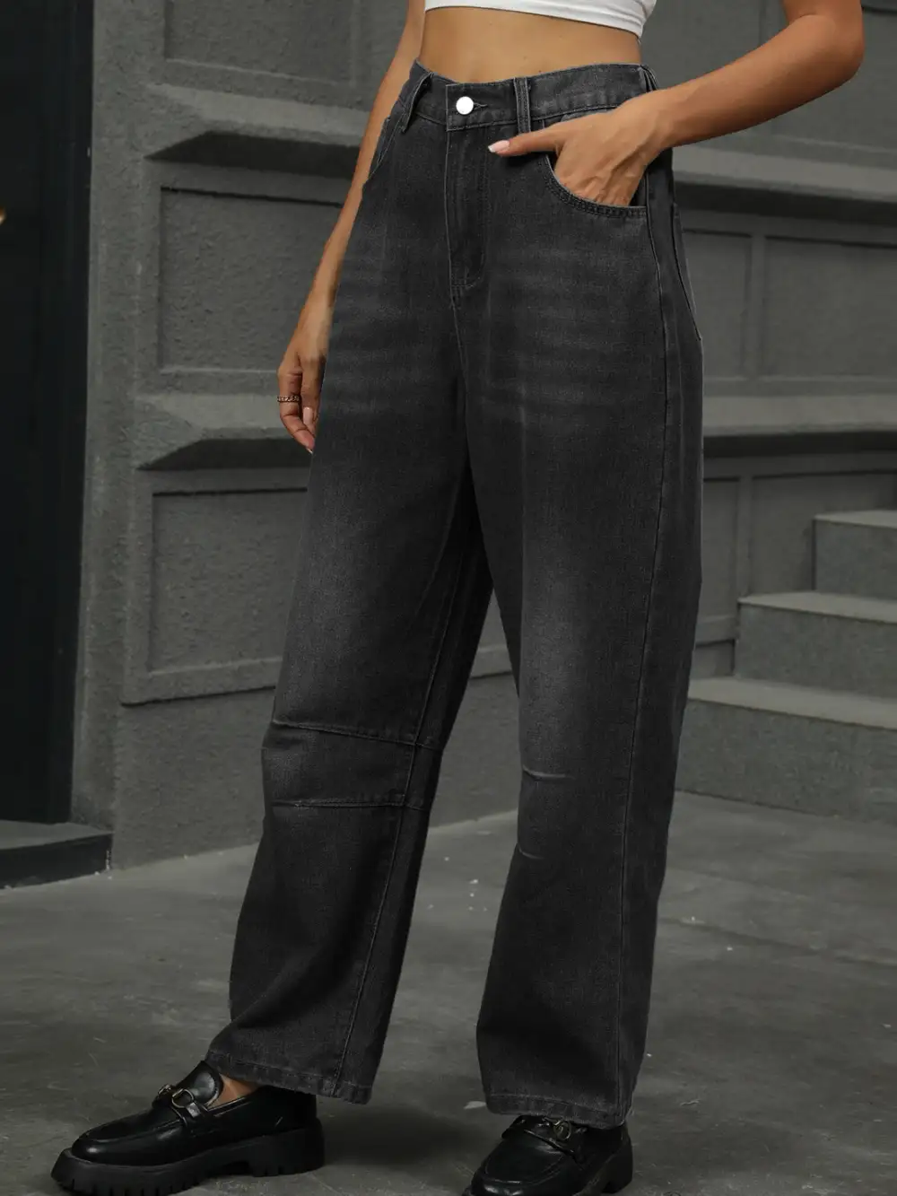 Straight Leg Elastic Waist Denim Jeans