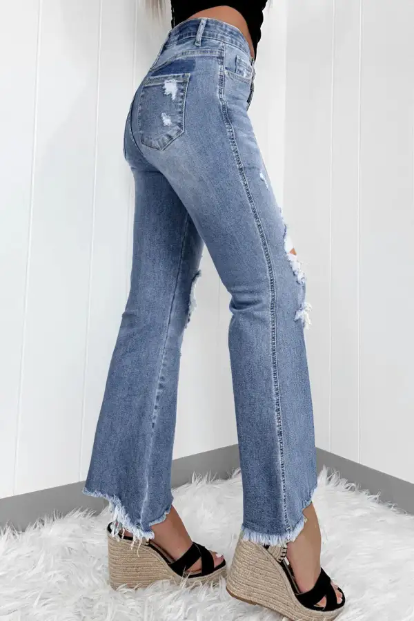 Structured Flare Leg Raw Hem Distressed Denim Jeans