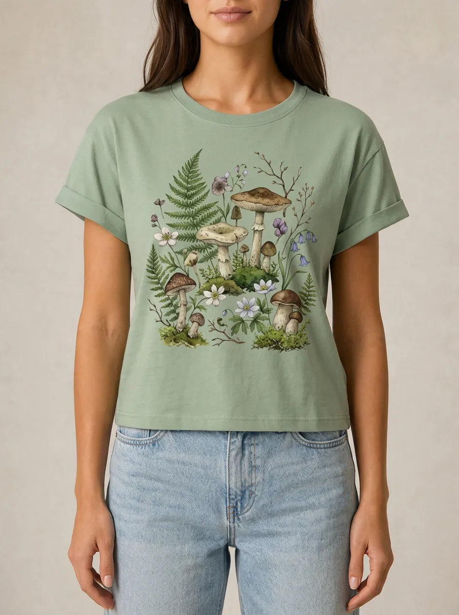 Women's Nature Lover Mushroom Fern Floral Printed T-shirt