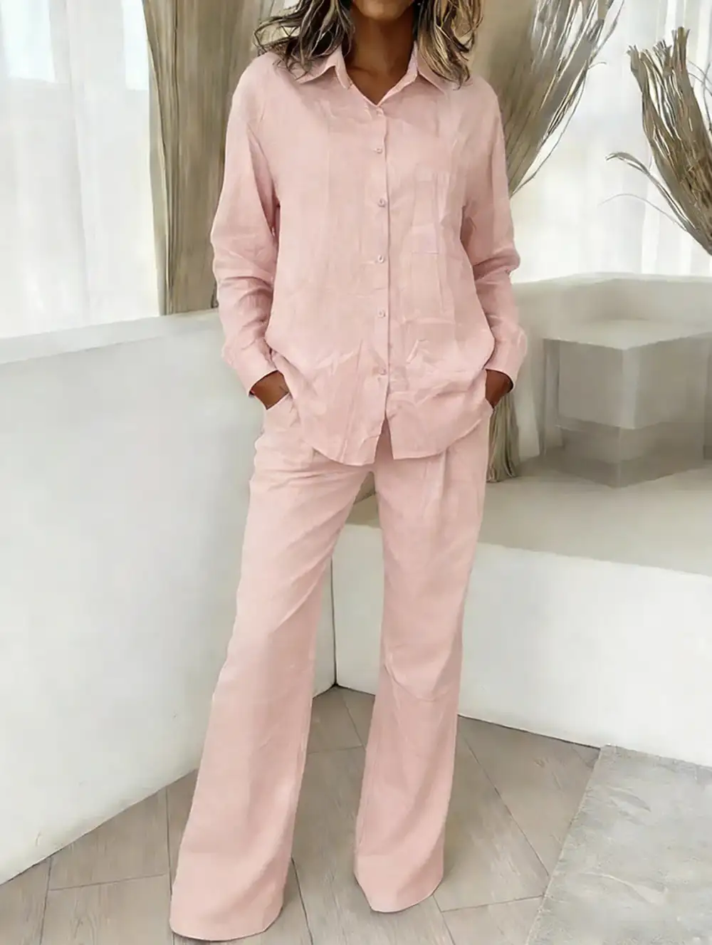 Shirt and Loose Wide-Leg Pants Suit