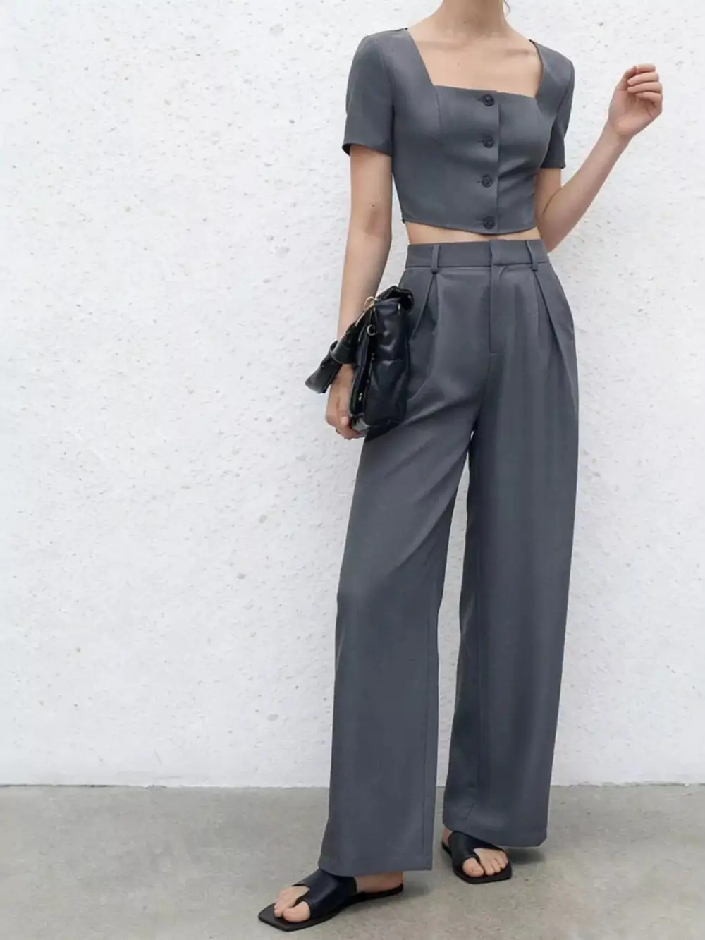Square Neck Crop Top & Wide Leg Pants Set