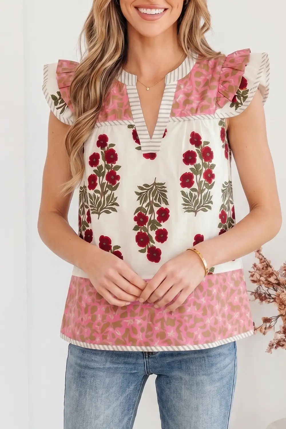 Women's Floral Print Striped Contrast Trim Top