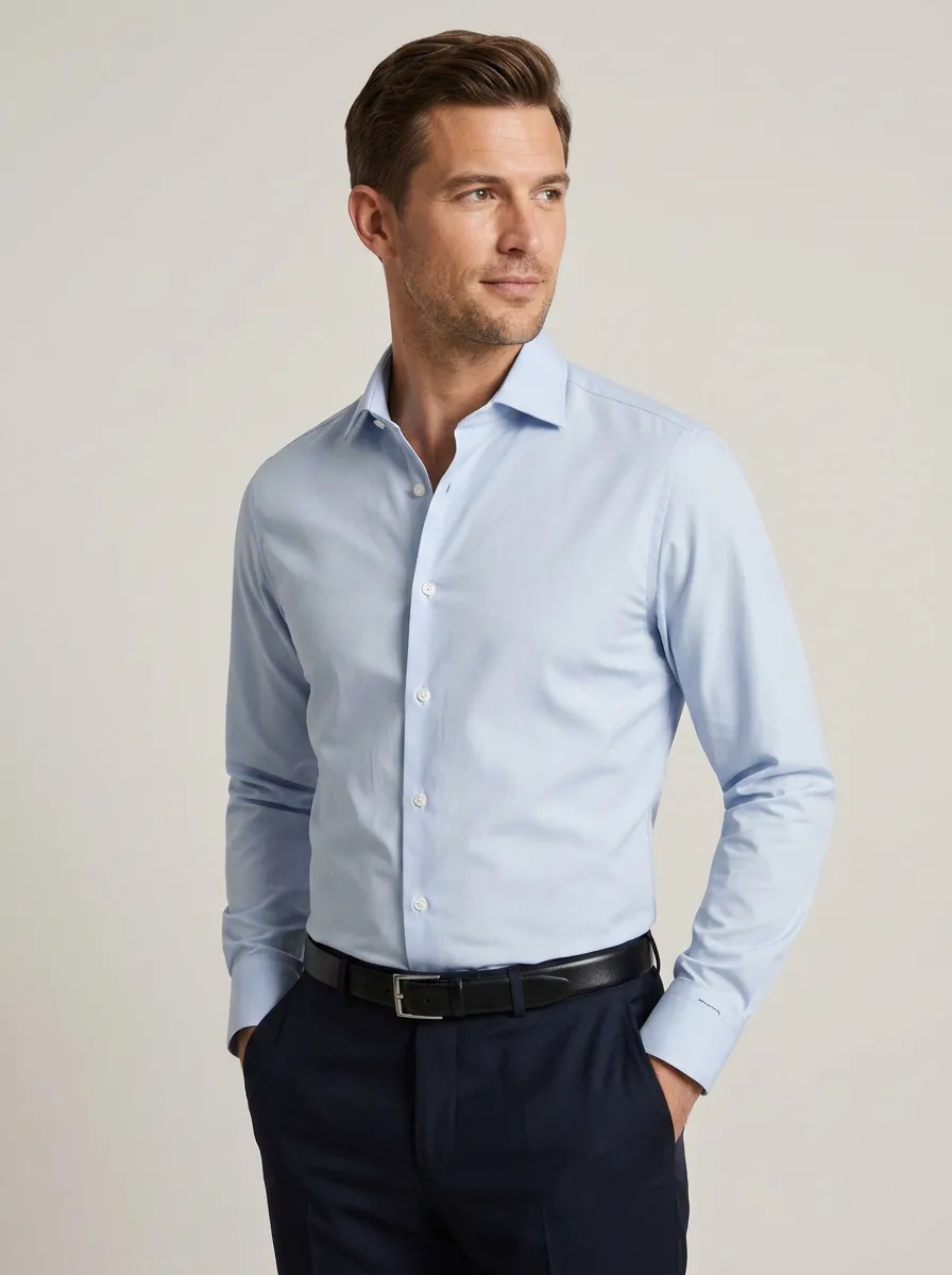 Men's Business Casual Non-Iron Cotton Light Blue Dress Shirt