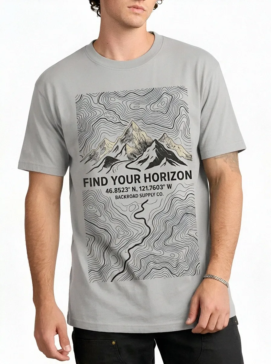 Men's Mountain Hiking Lover Topographic Map Printed T-shirt