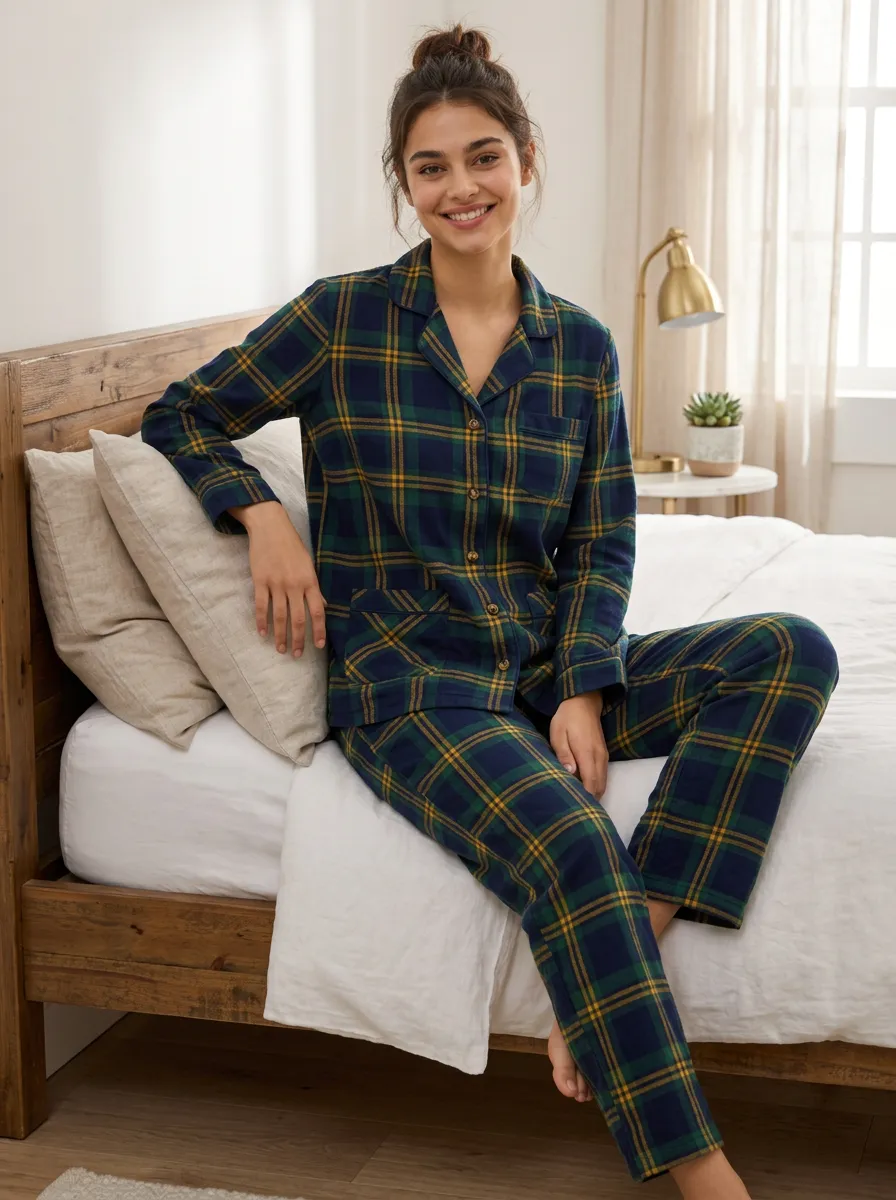 Women's Plaid Loungewear Set with Three-Pocket Top