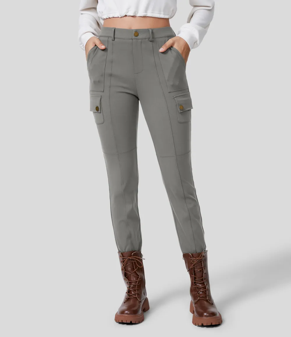 High Waisted Button Zipper Multiple Pockets Solid Skinny Cargo Pants