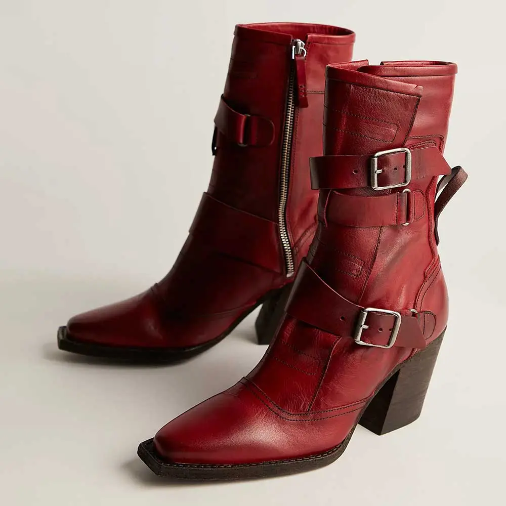 Faux-Leather Buckle-Detail Strappy Zip-Up Ankle Boots