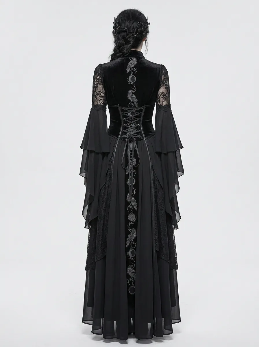 Dark Romantic Moon Raven Embroidered Punk Look Women's Gothic Dress