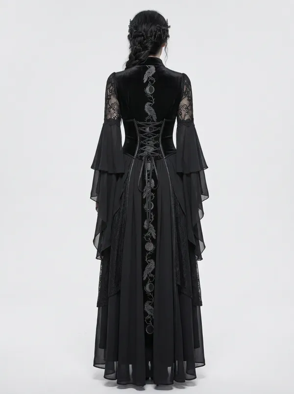 Dark Romantic Moon Raven Embroidered Punk Look Women's Gothic Dress