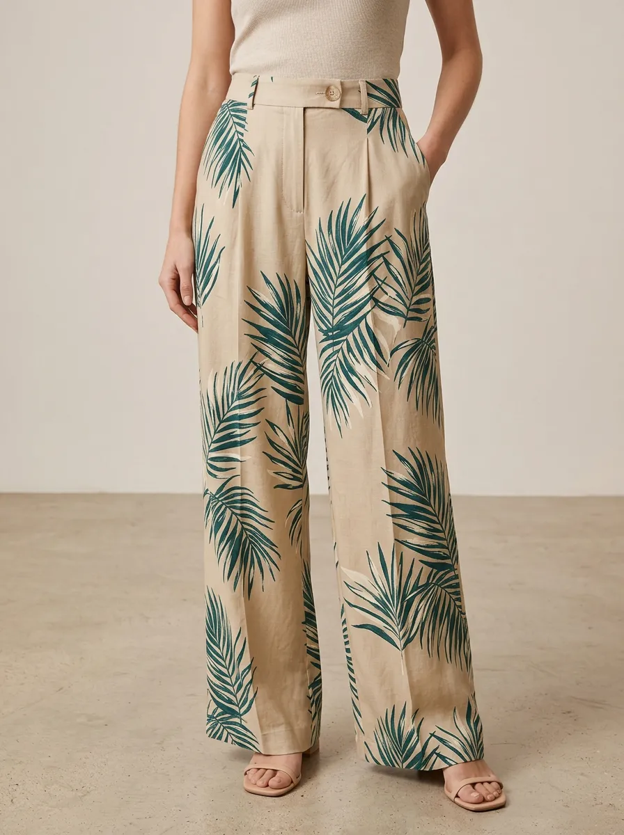Women's Palm Leaf Craft Inspired Printed Wide Leg Pants