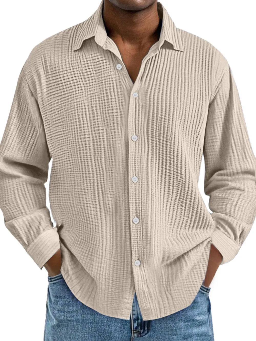 Relaxed Long Sleeve Open Collar Pleated Front Shirt