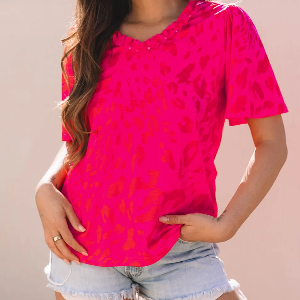 Easygoing Leopard Print V-Neck Short Sleeve Blouse