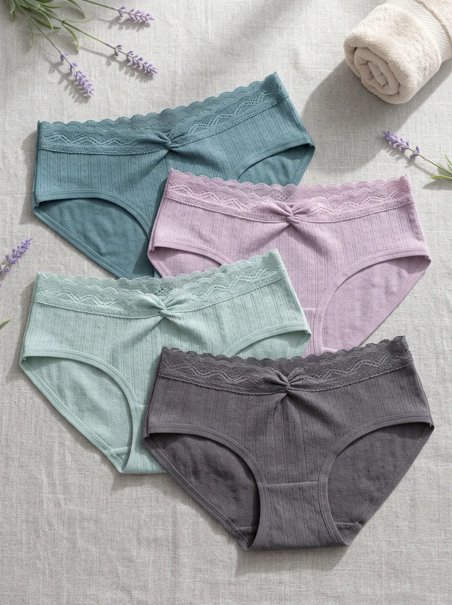 Women's Knot-Detail Ribbed Lace-Trim Briefs Set