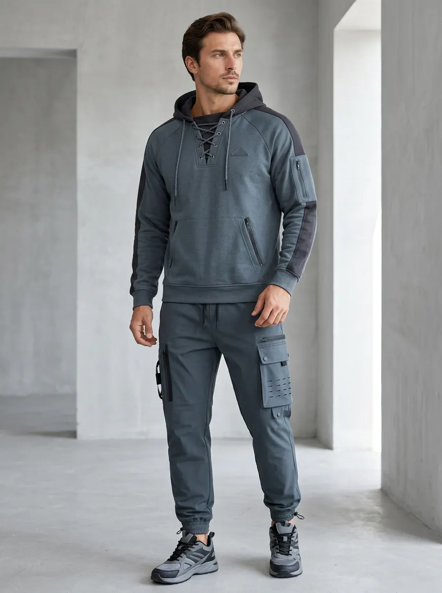 Daily Lace-Up Multi Pocket Classic Look Men's Lace Up Hoodie And Cargo Jogger Set