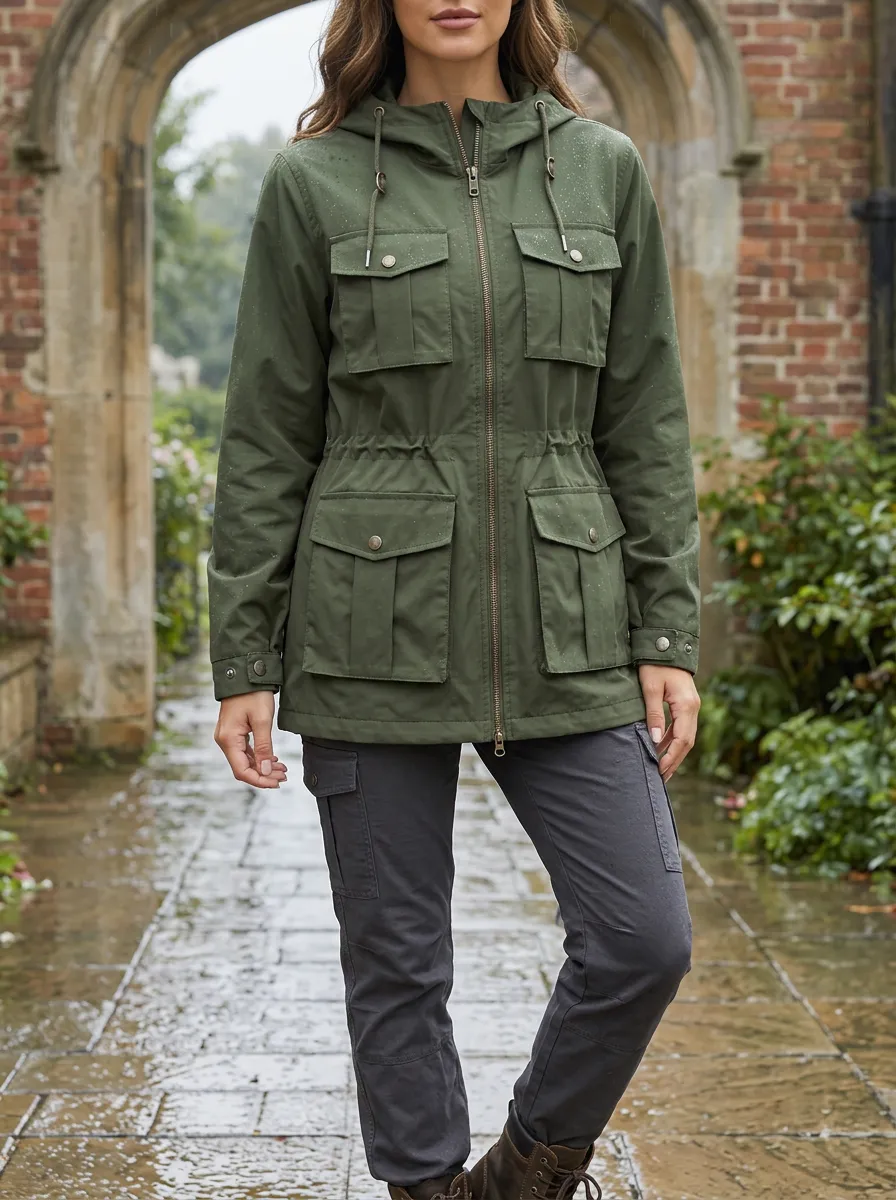 Women's Olive Green Utility Hooded Waterproof Jacket